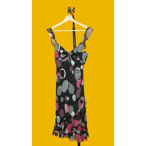 1990s-Y2K MICA Dot Print Adjustable Bust ASYMMETRICALDress W/Flutter Sleeves S-M - Picture 2 of 9